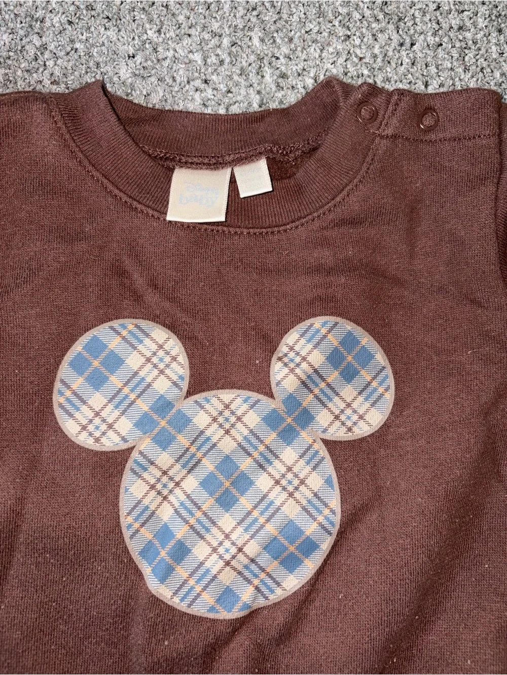 Disney Baby Brown Plaid Mickey Mouse Sweatshirt Onesie Bodysuit
